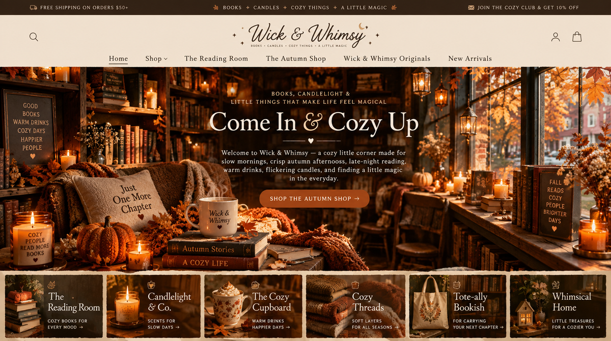 Wick & Whimsy cozy autumn bookstore homepage concept